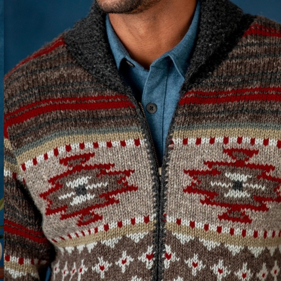 Handmade mens wool cardigan southwest geometric design fleece lined pockets XXL - Picture 4 of 6